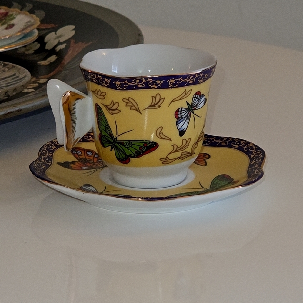 Butterfly Handle Art Nouveau Design Yellow Espresso Cup and Saucer
